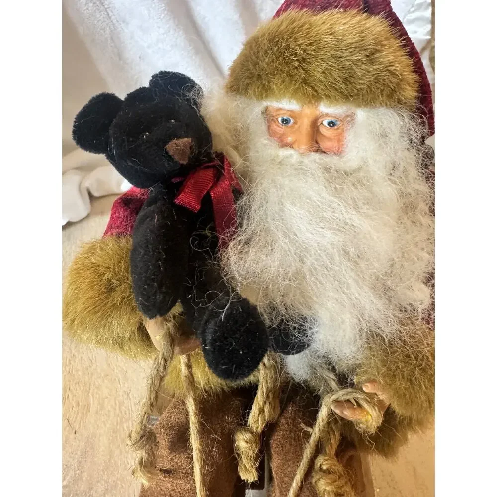Vintage Old World Santa Wooden Sled Sleigh 12” Table Top Decor Shelf Sitter Y2K